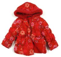 Červená květovaná zimní bundička s kapucí s chlupy zn. George 