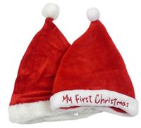 2x Červená chlupatá vánoční čepice s nápisem + Červená sametová vánoční čepice zn. Mothercare