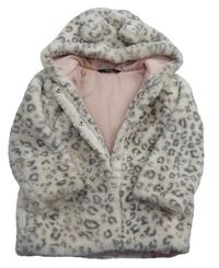 Béžovo-šedý kožešinový zateplený kabát s leopardím vzorem a kapucí zn. George