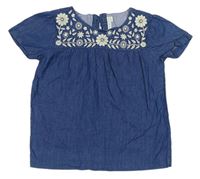 Modré tričko s vyšívanými květy riflového vzhledu zn. Jojo Maman Bebé