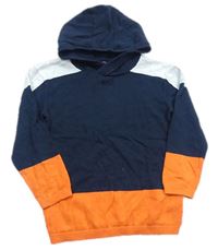 Tmavomodro-oranžovo-šedý svetr s kapucí zn. Next 