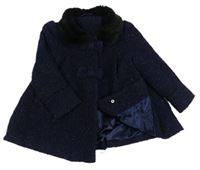 Tmavomodrý flaušový zateplený třpytivý kabát s kožíškem zn. St. Bernard