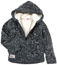 Outlet - Černo-šedý melírovaný propínací oteplený svetr s kapucí zn. Name it