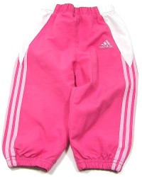 Růžovo-bílé šusťákové kalhoty s nápisem zn. Adidas