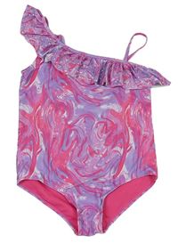 Růžovo-lila vzorované jednodílné plavky s volánkem zn. Nutmeg