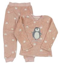 Světlerůžové puntíkaté chlupaté pyžamo s tučňákem zn. F&F