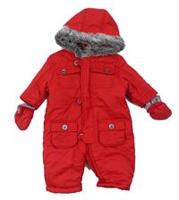 Červená šusťáková zimní kombinéza s kapucí + rukavice zn. Mothercare 