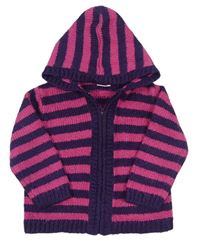 Tmavofialovo/růžový pruhovaný pletený propínací svetr s kapucí zn. Cherokee