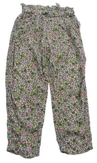 Khaki-bílo-růžové kytičkované lehké letní kalhoty zn. Benetton 