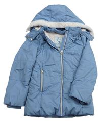 Modrošedá prošívaná šusťáková zimní bunda s nápisy a odepínací kapucí s kožešinou zn. Zebralino