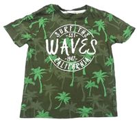 Khaki-zelené tričko s palmami a nápisem zn. H&M