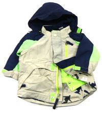 Béžovo-křiklavě zeleno-tmavomodrá šusťáková lyžařská bunda s odepínací kapucí zn. GAP
