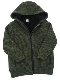 Khaki melírovaný pletený propínací zateplený svetr s kapucí zn. Tu
