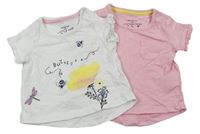 2x Bílé tričko s kytičkou a nápisem + Růžové tričko s kapsičkou zn. F&F