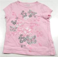 Růžové tričko s kytičkami a motýlky zn. Cherokee