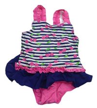 Tmavomodro-bílo-růžové pruhované jednodílné plavky s třešničkami zn. Matalan