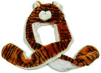 Oranžová vzorovaná chlupatá čepice se šálou - Tygr