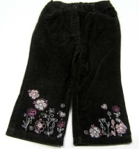 Hnědé sametovo/riflové kalhoty s kytičkami