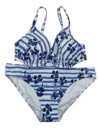Dámské bílo-modré pruhované dvoudílné plavky s květy zn. M&S vel. 70E