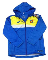 Cobaltově modro-bílo-žlutá šusťáková sportovní jarní bunda s erbem a kapucí zn. macca sports