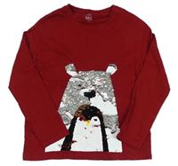 Tmavočervené triko s medvědem a tučňákem z překlápěcích flitrů zn. Next