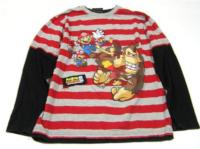 Šedo-červené pruhované triko s Mario Bros zn. Next