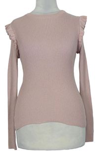 Dámský růžový žebrovaný lehký svetr s volánky zn. Miss Selfridge 