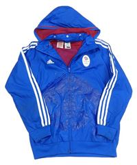 Cobaltově modrá šusťáková jarní sportovní bunda s odepínací kapucí zn. Adidas