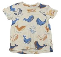 Světlebéžové tričko s velrybami zn. H&M