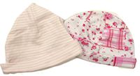 2set - Bílo-růžová pruhovaná čepice + bílo-růžová květovaná čepice zn. George