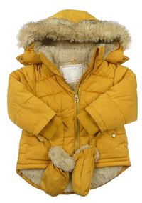 Okrová šusťáková zimní bunda s kapucí + odepínací rukavice zn. Nutmeg