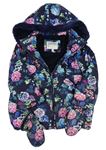 Tmavomodrá květovaná šusťáková zimní bunda s kapucí + rukavice M&S