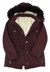 Vínový šusťákový zimní kabát s kapucí s kožešinou Matalan