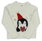Bílý chlupatý svetr s tučňákem M&Co