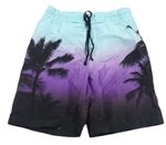 Tyrkysovo-fialovo-černé ombré plážové kraťasy s palmami H&M