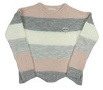 Šedo-bílo-růžový pruhovaný svetr s výšivkou 