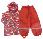 2Set - Červená pláštěnka s obláčky a kapucí + nepromokavé kalhoty lupilu