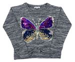 Tmavomodro-šedé melírované úpletové triko s motýlkem z flitrů Bluezoo