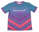 Modro-růžové vzorované sportovní tričko s nápisem 