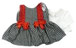 2 set - Černo-šedé vzorované šaty s červenou krajkou a mašlí + bílá halenka