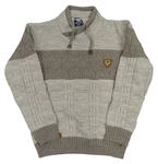 Šedobéžovo-kávový melírovaný vzorovaný pletený svetr s nášivkami