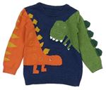 Tmavomodro-oranžovo-zelený svetr s dinosaury Nutmeg