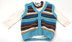 2Set - Pruhovano-modrá propínací svetrová vesta + smetanovo-tmavohnědé triko 