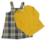 2set- Tmavomodro-okrové kostkované šaty + okrové triko F&F