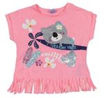 Neonově růžové tričko s medvědem a třásněmi Kiki&Koko