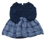 Modro-tmavomodré kostkované bavlněno/svetrové šaty Tu