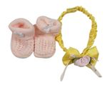 2 set - Růžové pletené capáčky + žlutá saténová čelenka s květem 