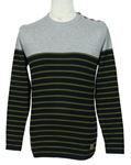 Pánský khaki-černo-šedý pruhovaný svetr 