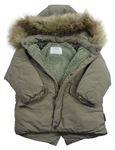 Khaki šusťáková zimní bunda s kapucí s kožešinou Zara