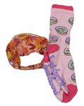 2set - Růžové ponožky s donuty + barevný vzorovaný šátek na hlavu
